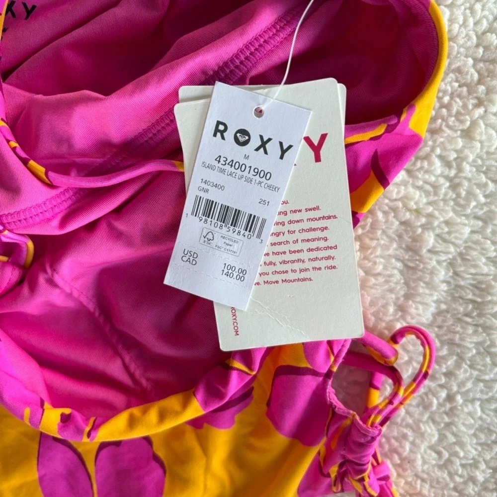 NWT Roxy‎ Island Time Lace Up Side One Piece Cheeky Swimsuit Pink Orange Floral